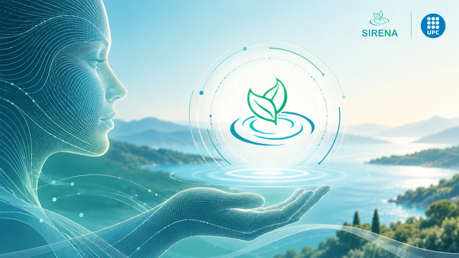 Digital illustration of a human profile and hand made of interconnected lines, presenting a circular leaf and water symbol representing AI-supported water resilience, with SIRENA and UPC logos against a Mediterranean landscape.